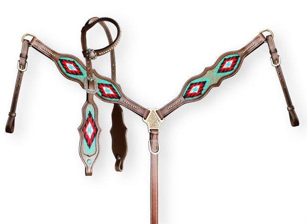 Showman Browband Headstall &amp; Breast collar set with wool southwest blanket inlay